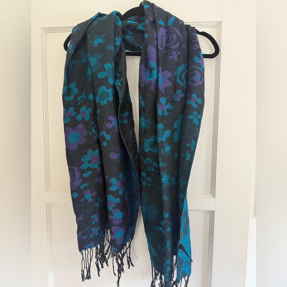 Floral Patterned Scarf - Black, blue & purple